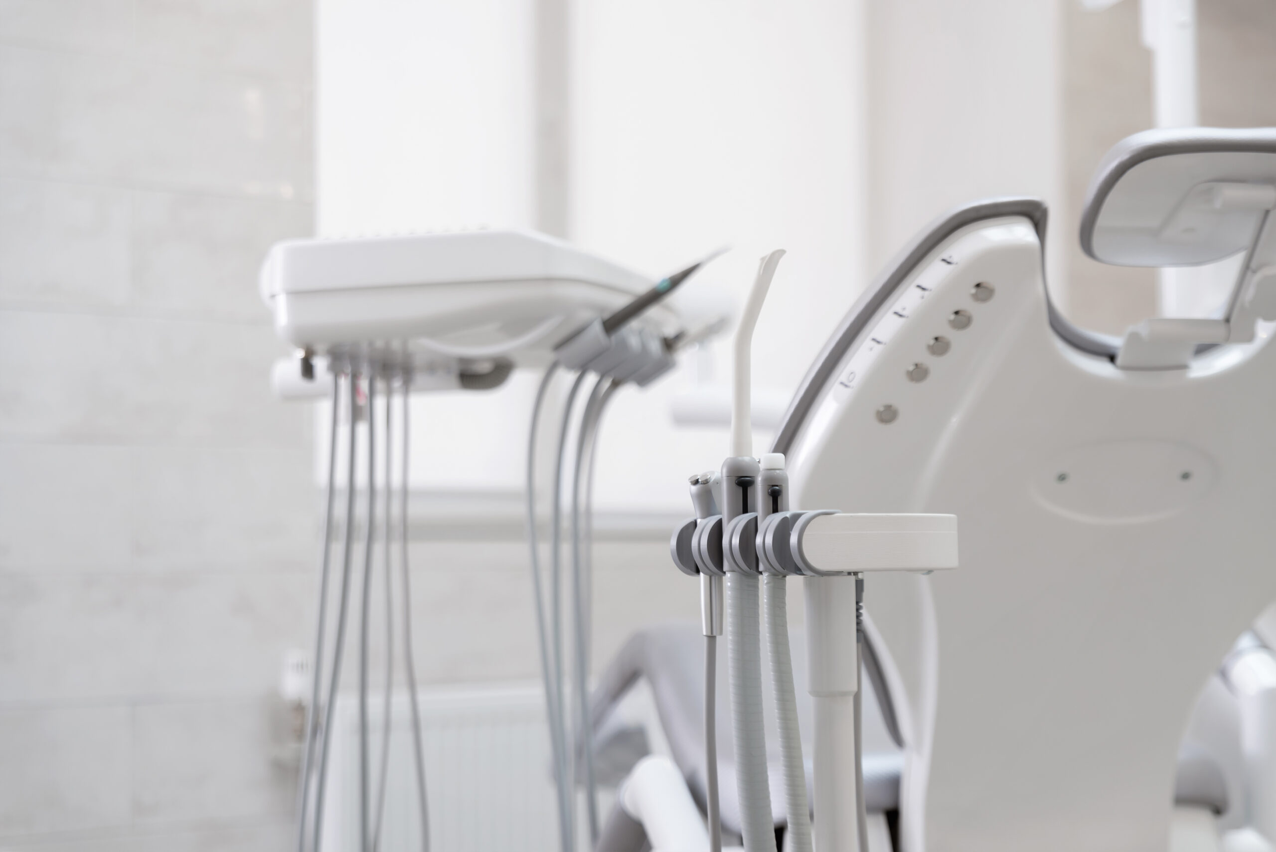 Dental chair with instruments. Close up. Dental clinic.