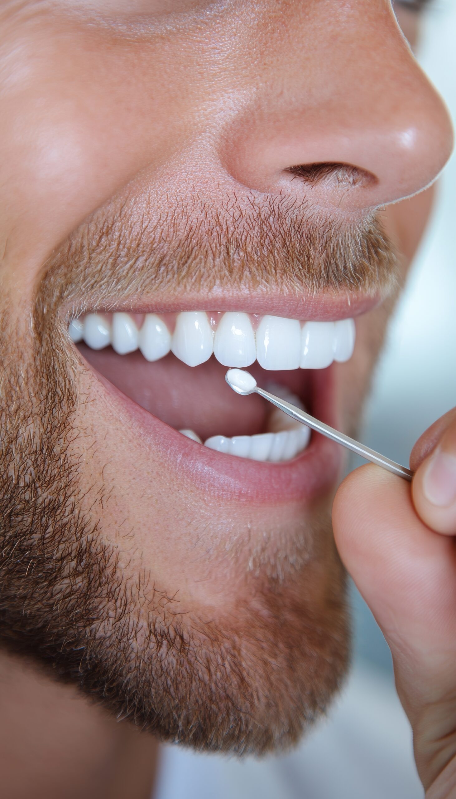 Close-up of a man's mouth with a dental instrument applying a small amount of filling material to a tooth.